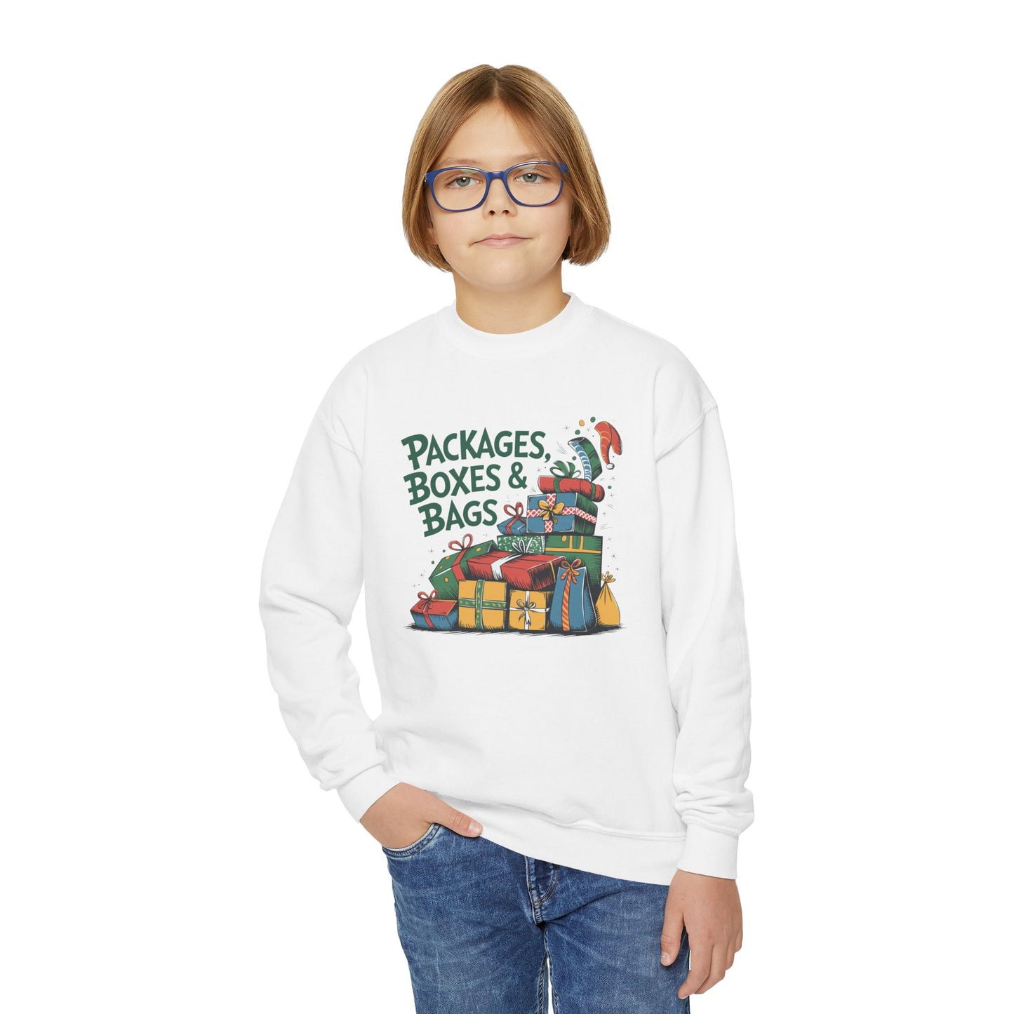 "Packages, Boxes & Bags" Christmas Kids Crewneck Sweatshirt