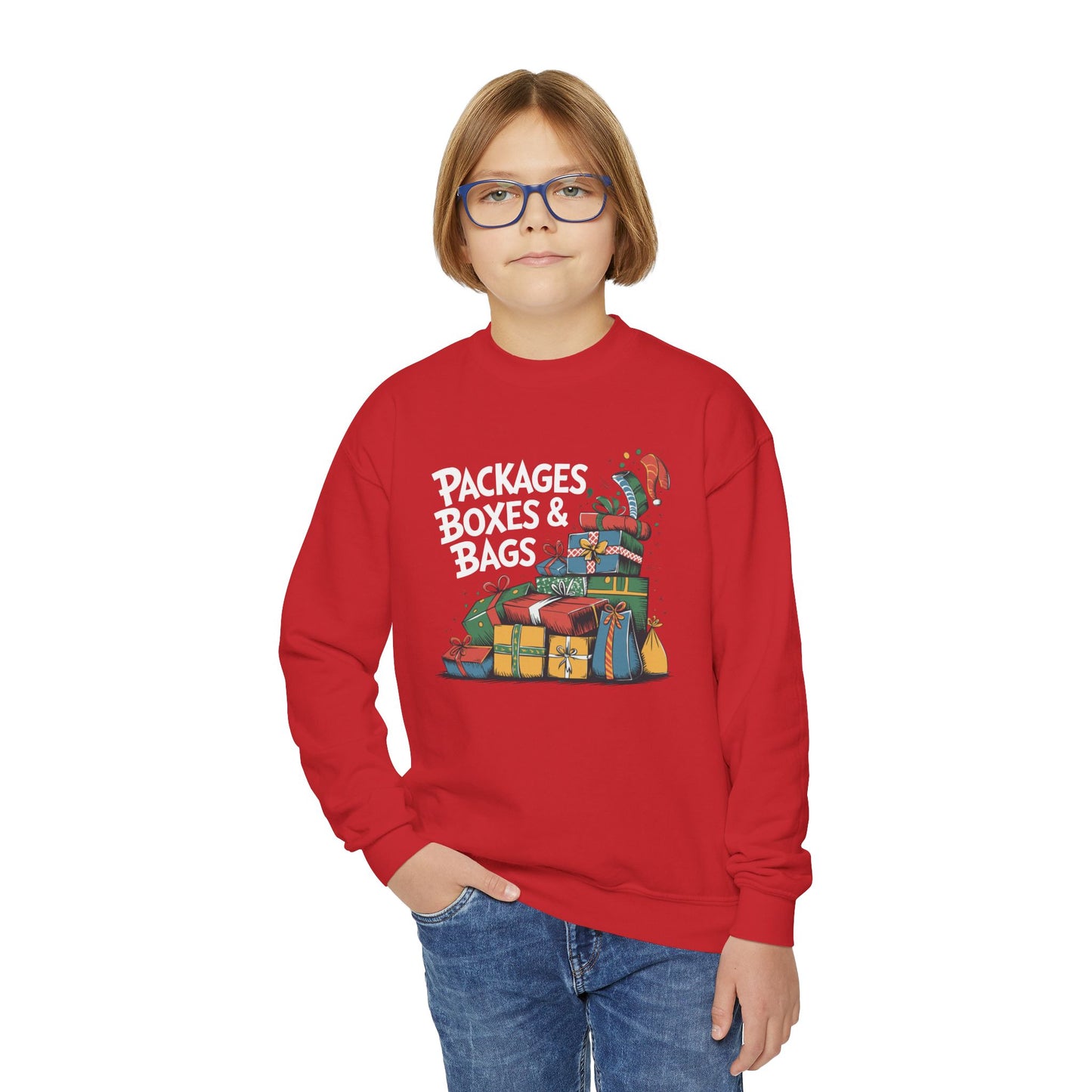 "Packages, Boxes & Bags" Christmas Kids Crewneck Sweatshirt
