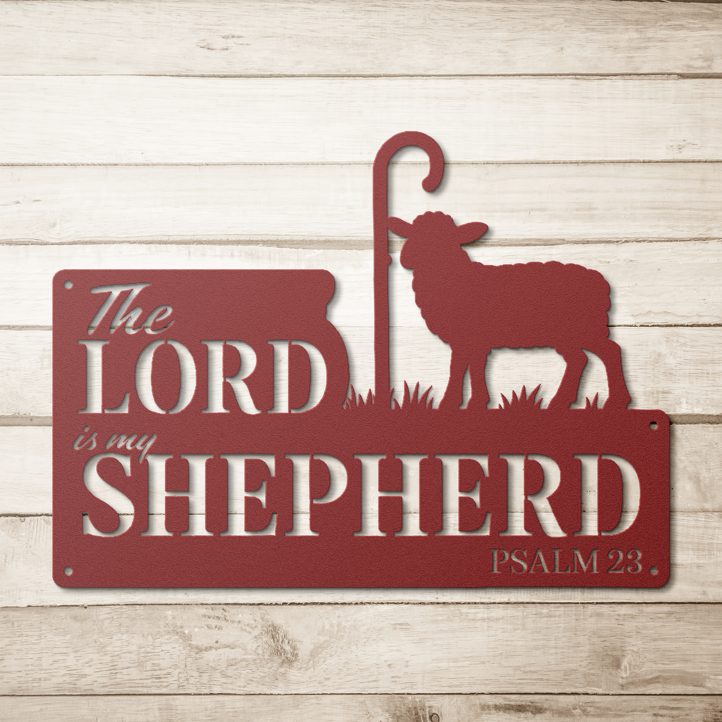 Metal_Sign_The_Lord_Is_My_Shepherd_Red_Simple_Wood_BKGD_Mockup.png