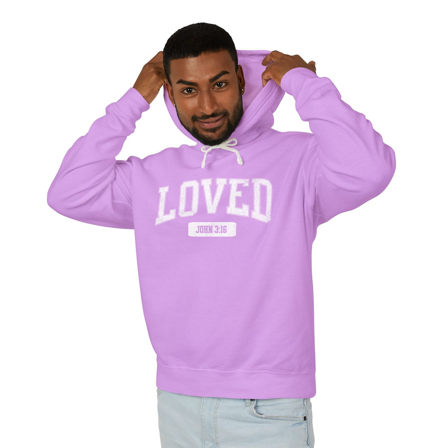 "LOVED" VARSITY UNISEX PREMIUM LIGHTWEIGHT HOODIE