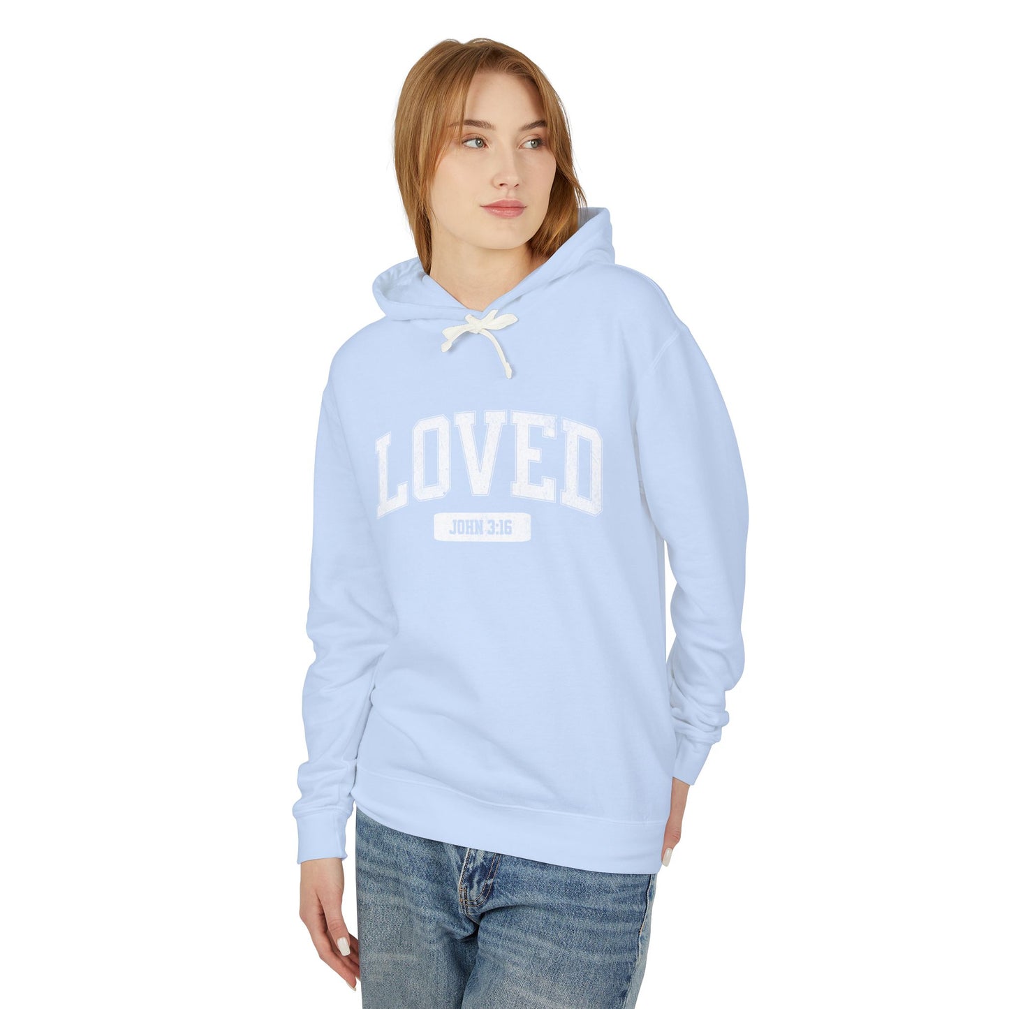 "LOVED" VARSITY UNISEX PREMIUM LIGHTWEIGHT HOODIE