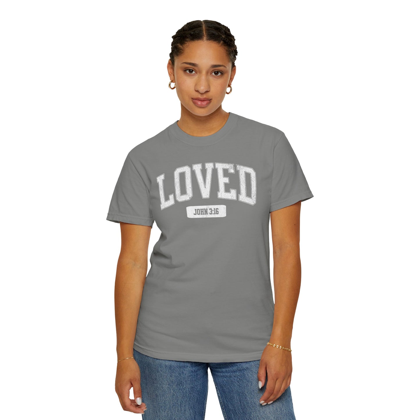 "Loved" Varsity Style Unisex Garment-Dyed Tee