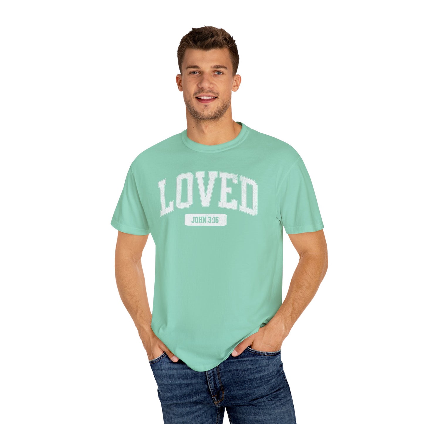 "Loved" Varsity Style Unisex Garment-Dyed Tee