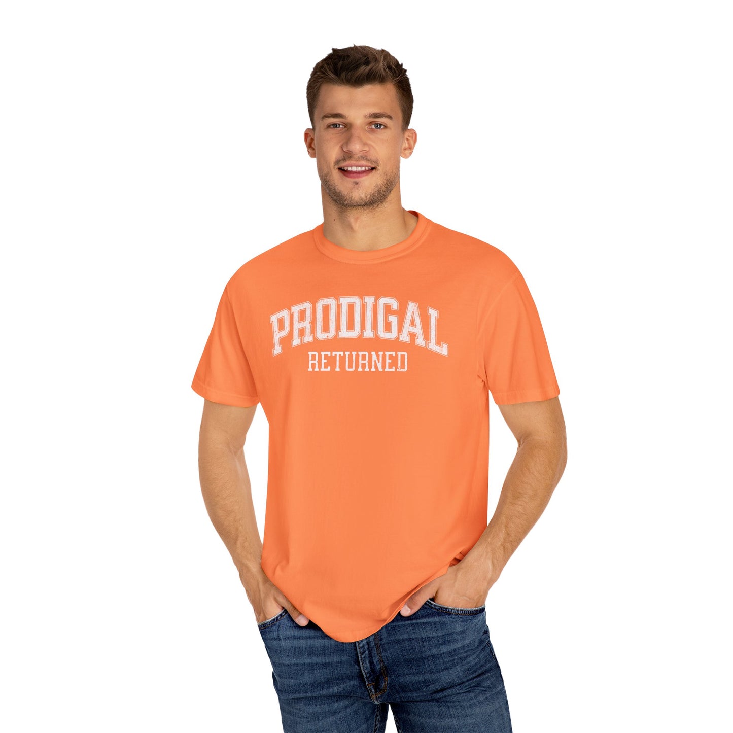 "Prodigal Returns" Varsity Style Unisex Garment-Dyed Tee