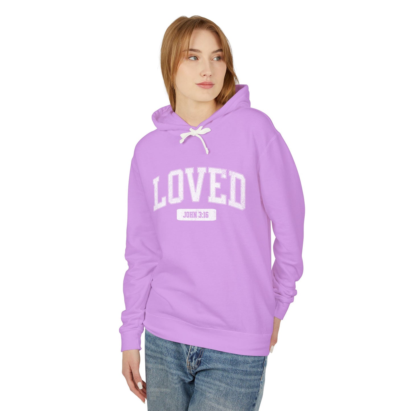 "LOVED" VARSITY UNISEX PREMIUM LIGHTWEIGHT HOODIE