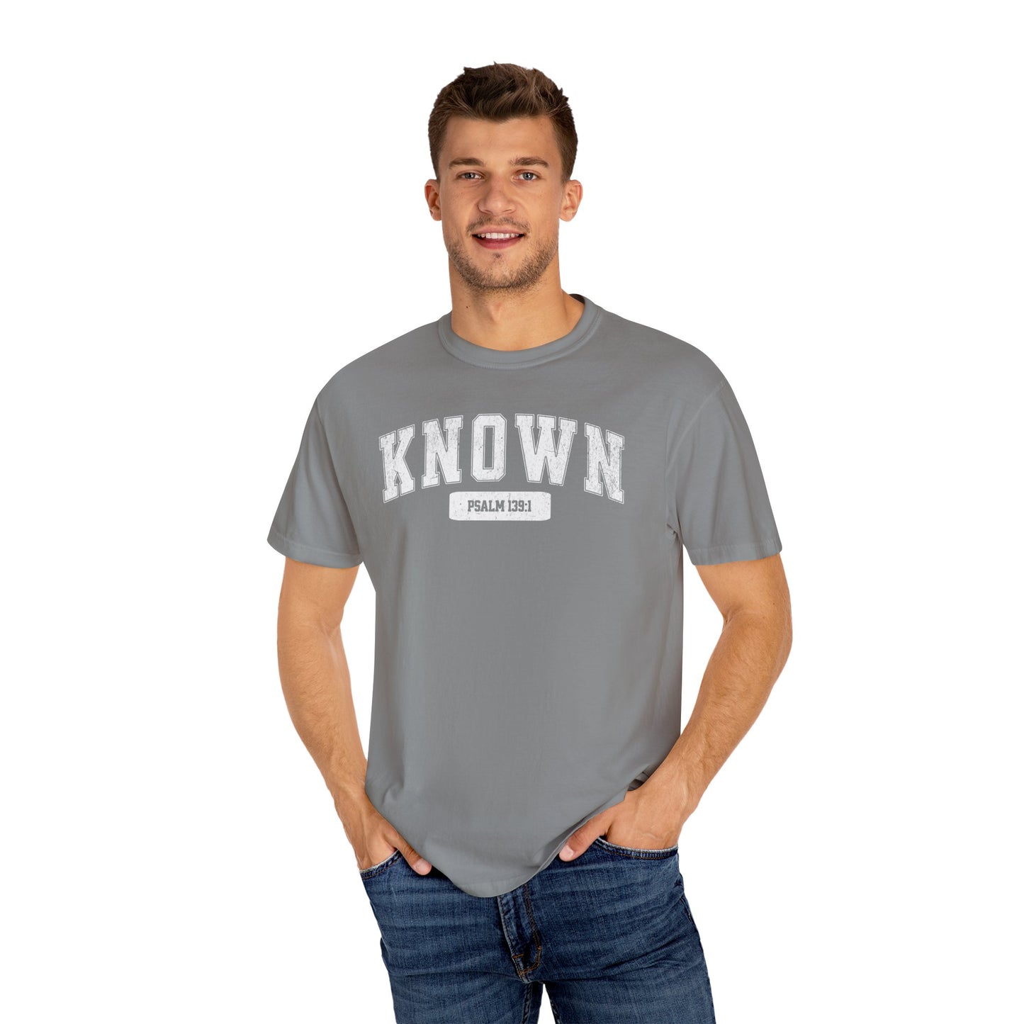 "Known" Varsity Style Unisex Garment-Dyed Tee