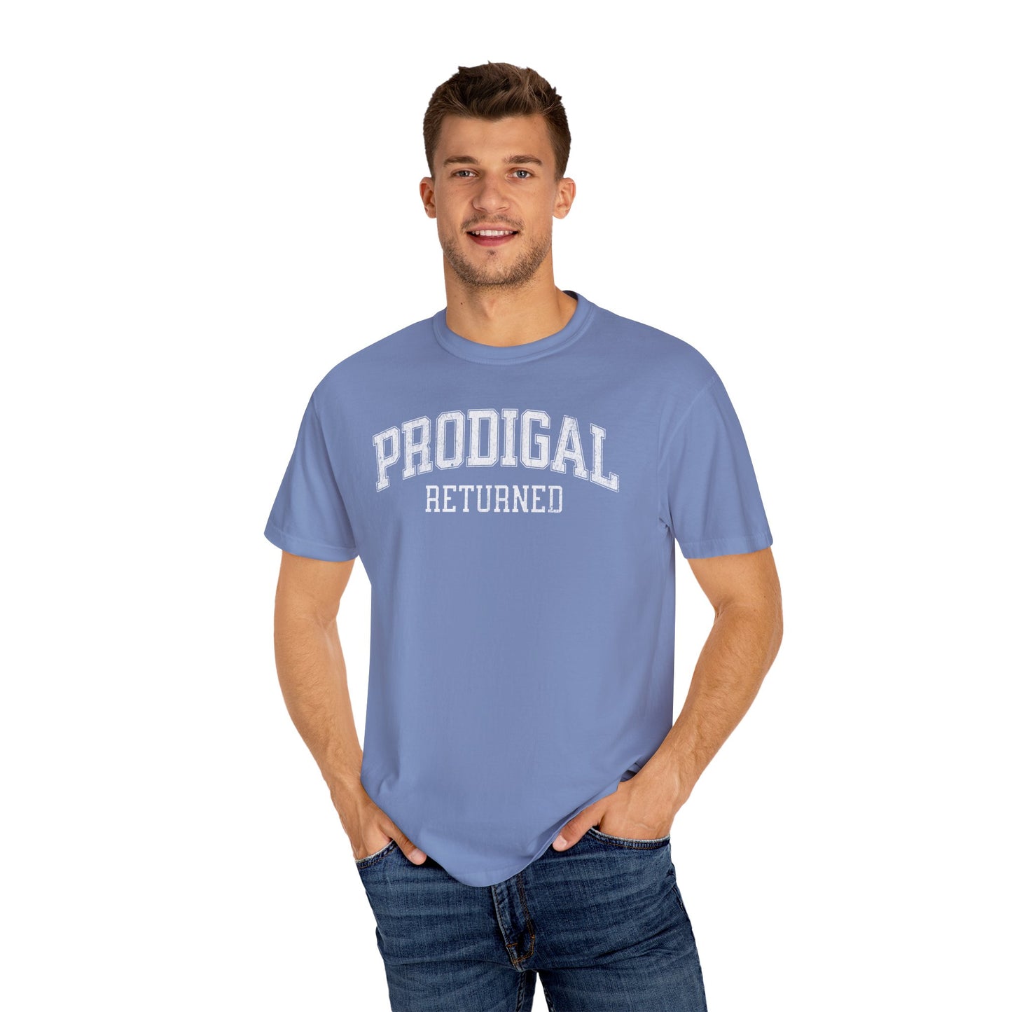 "Prodigal Returns" Varsity Style Unisex Garment-Dyed Tee