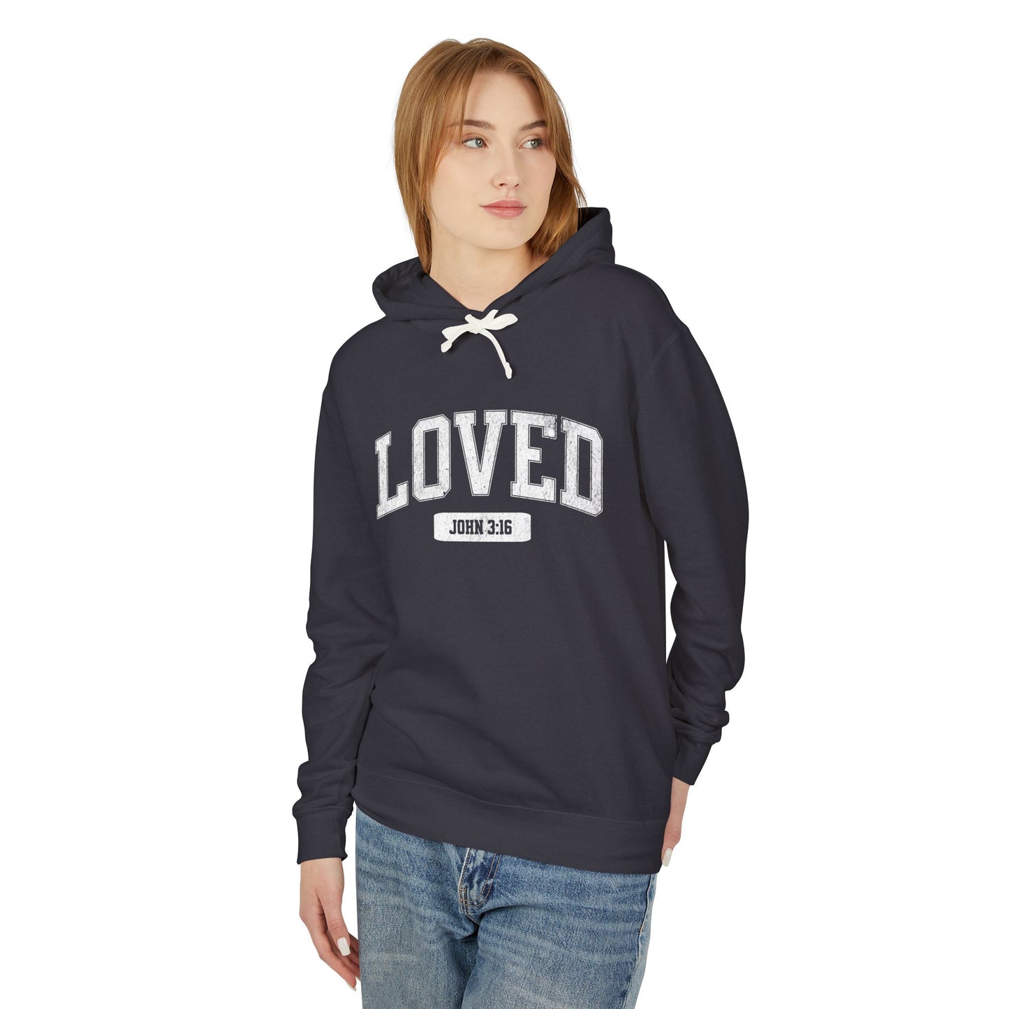 "LOVED" VARSITY UNISEX PREMIUM LIGHTWEIGHT HOODIE