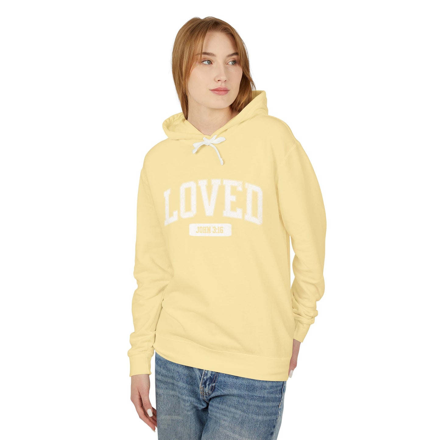 "LOVED" VARSITY UNISEX PREMIUM LIGHTWEIGHT HOODIE