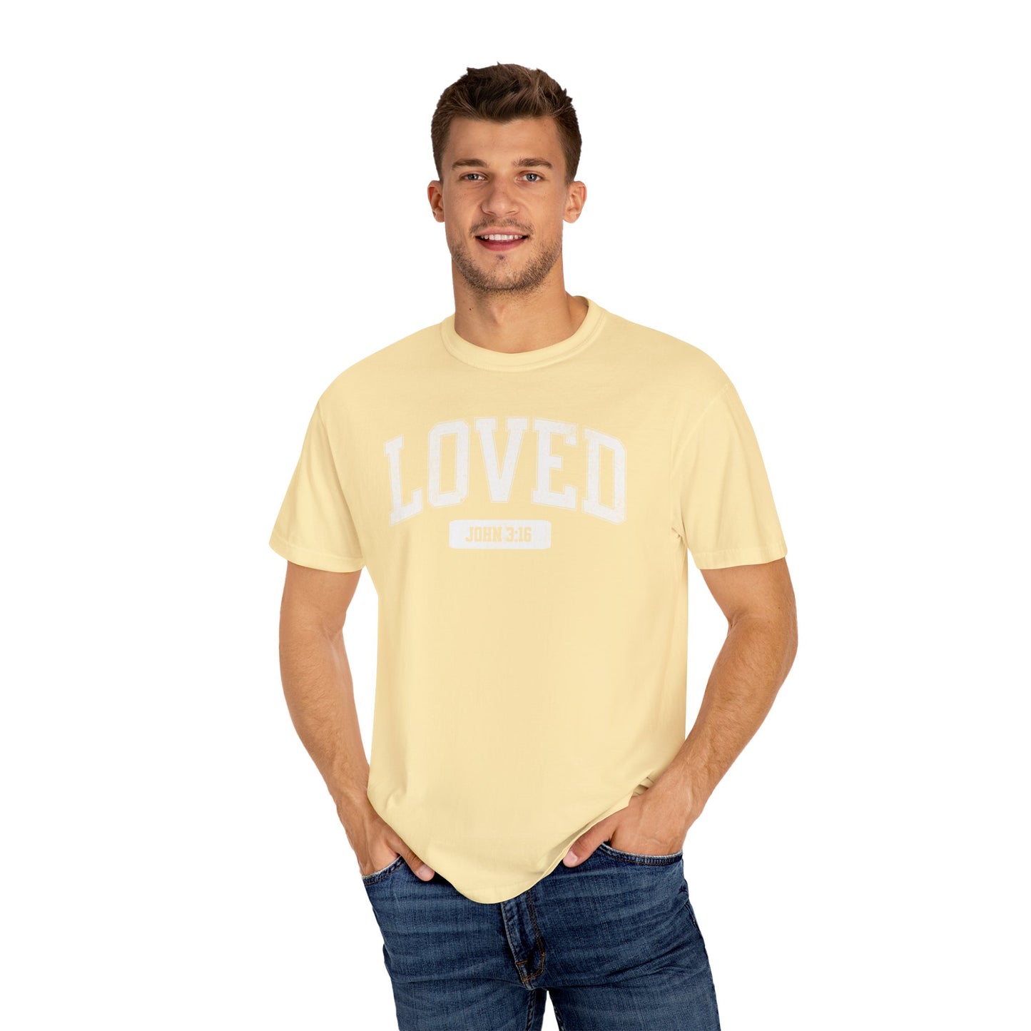 "Loved" Varsity Style Unisex Garment-Dyed Tee