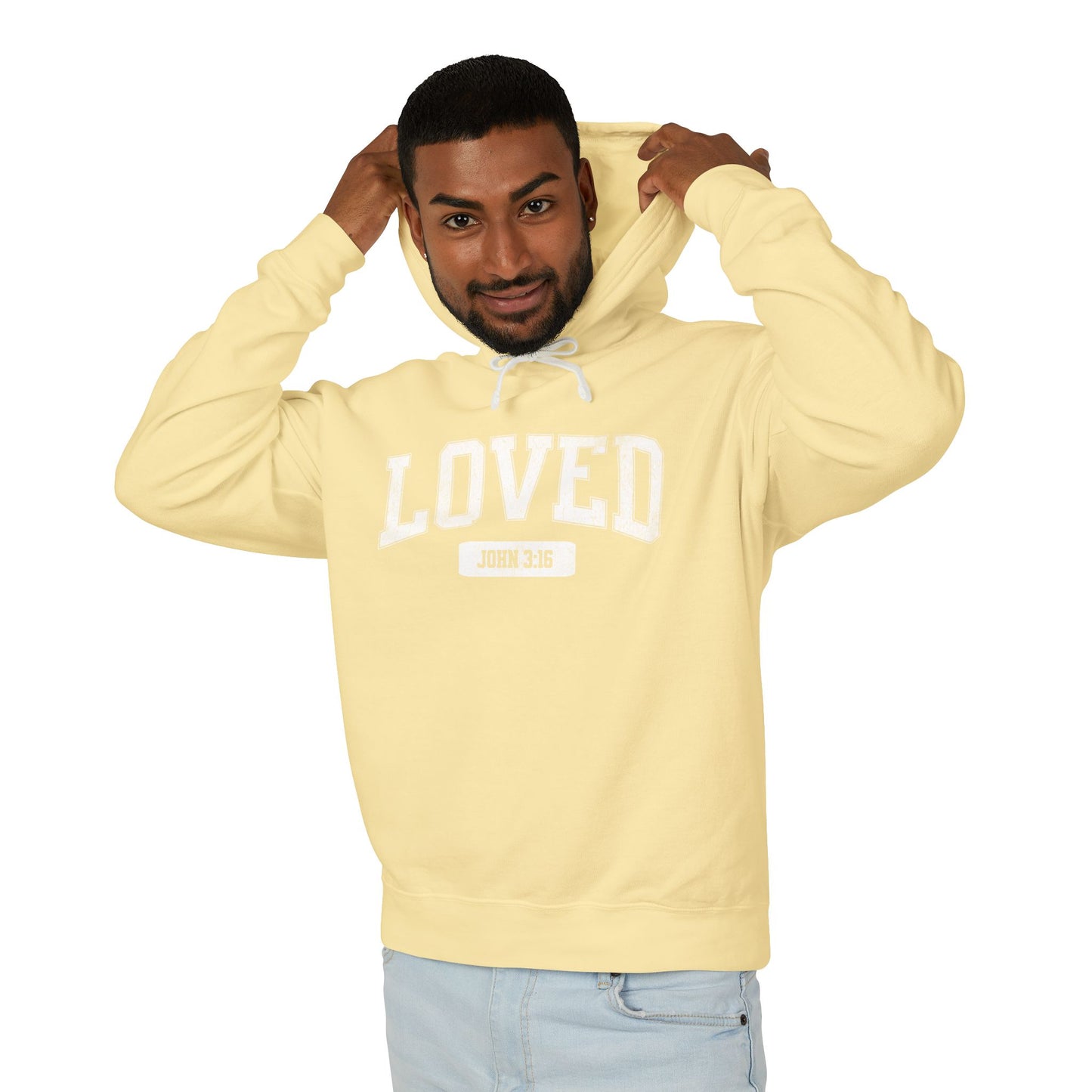 "LOVED" VARSITY UNISEX PREMIUM LIGHTWEIGHT HOODIE