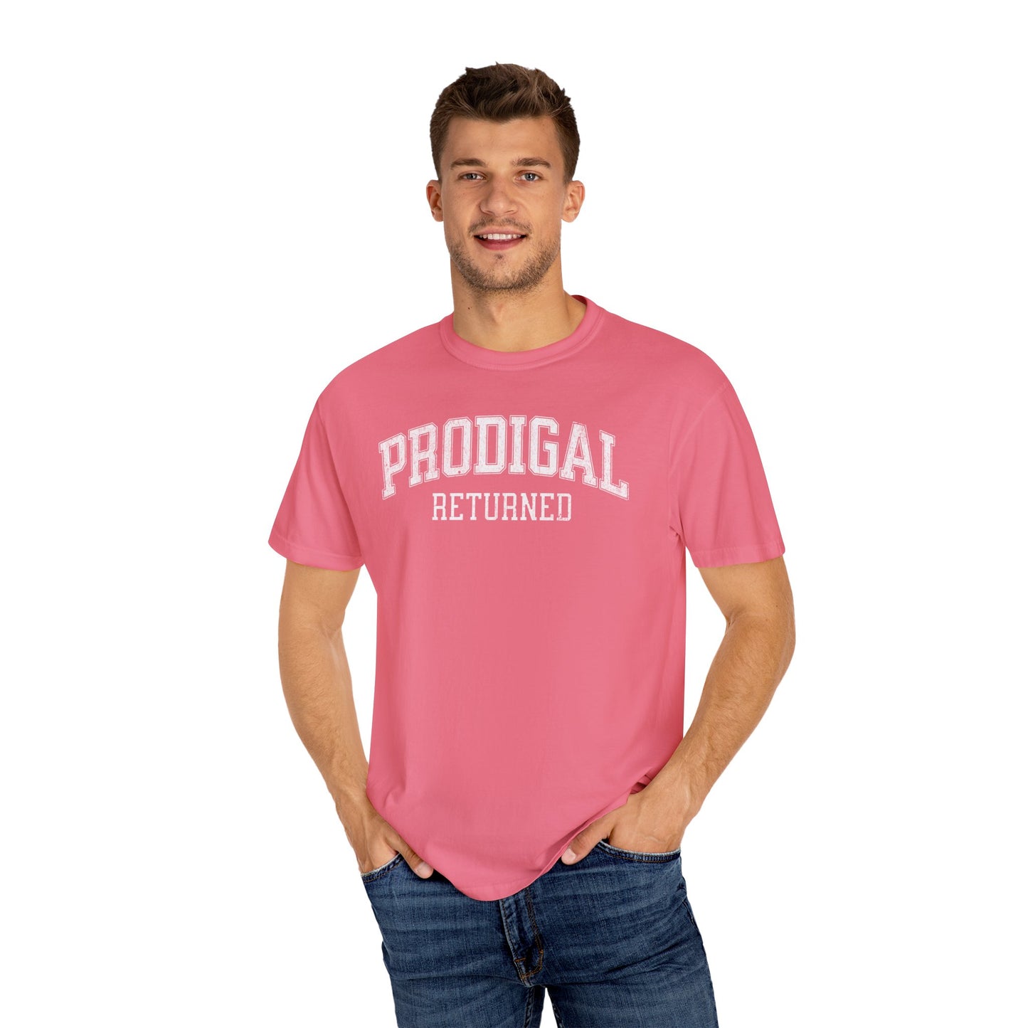 "Prodigal Returns" Varsity Style Unisex Garment-Dyed Tee