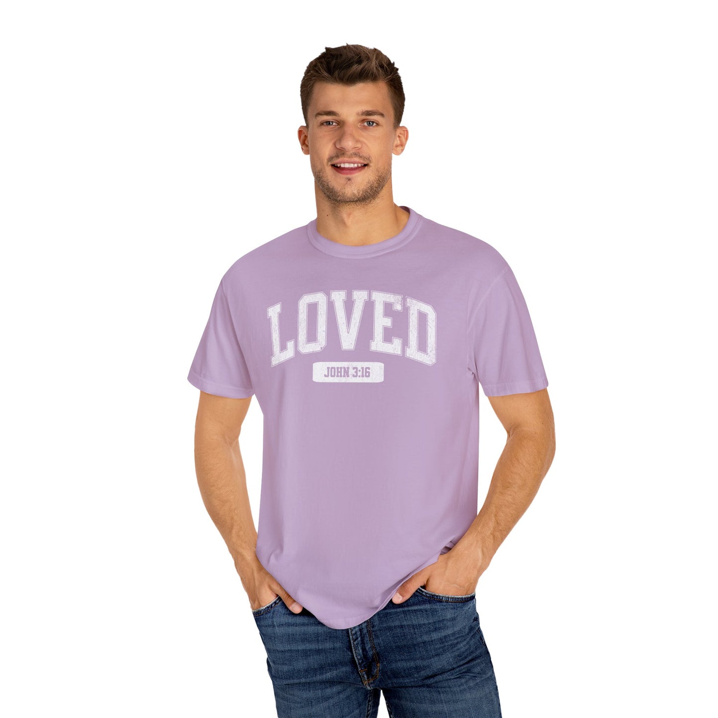 "Loved" Varsity Style Unisex Garment-Dyed Tee