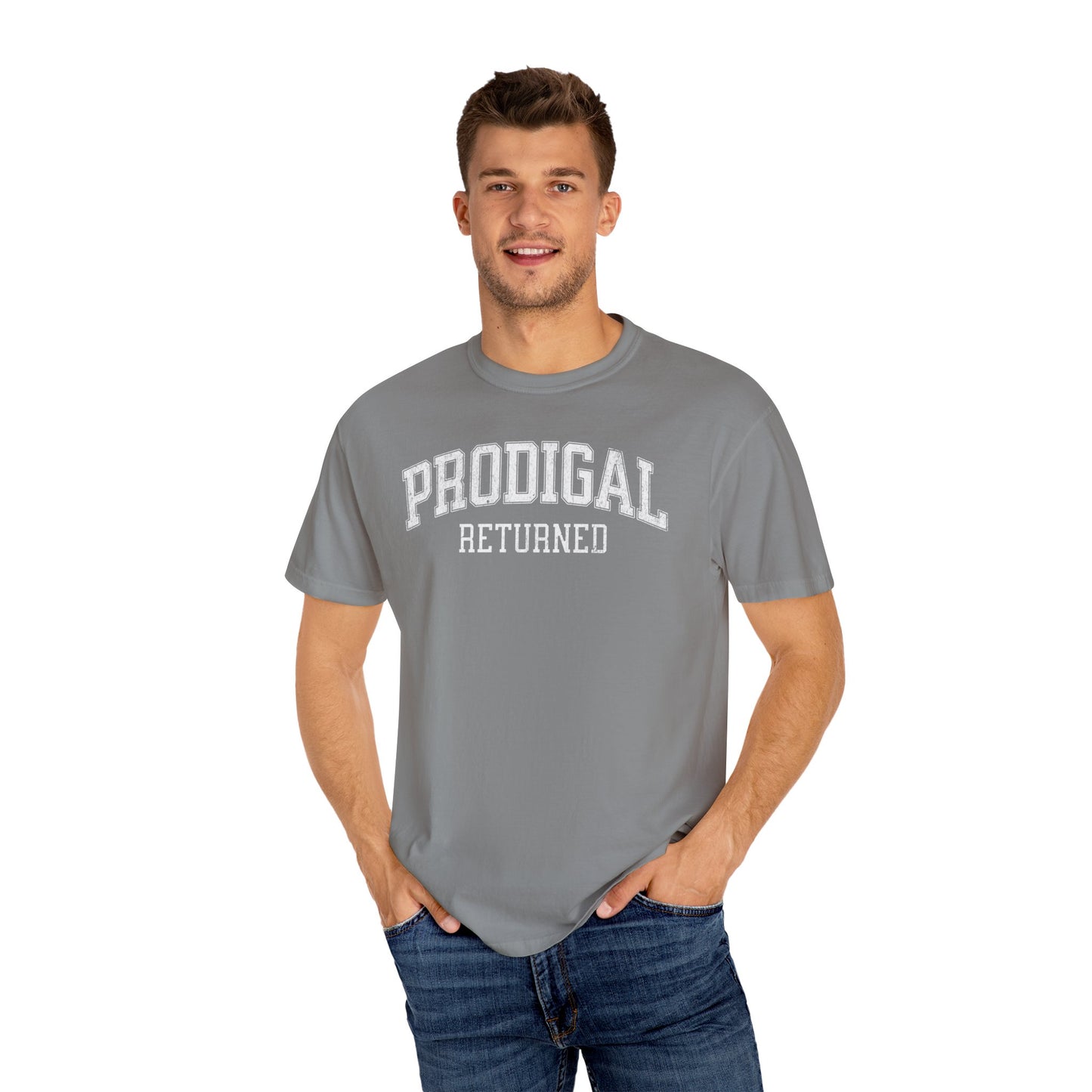 "Prodigal Returns" Varsity Style Unisex Garment-Dyed Tee