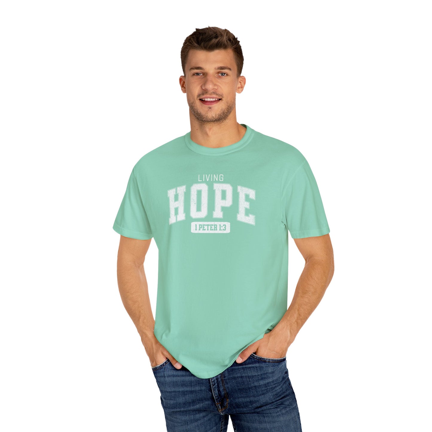 "Living Hope" Varsity Style Adult Unisex Garment-Dyed Tee